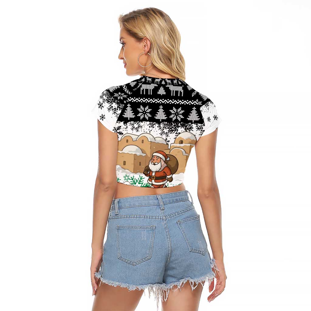 Jordan Christmas Raglan Cropped T Shirt with Santa Snow Village Green and Black Snowflake Tree Pattern - Wonder Print Shop