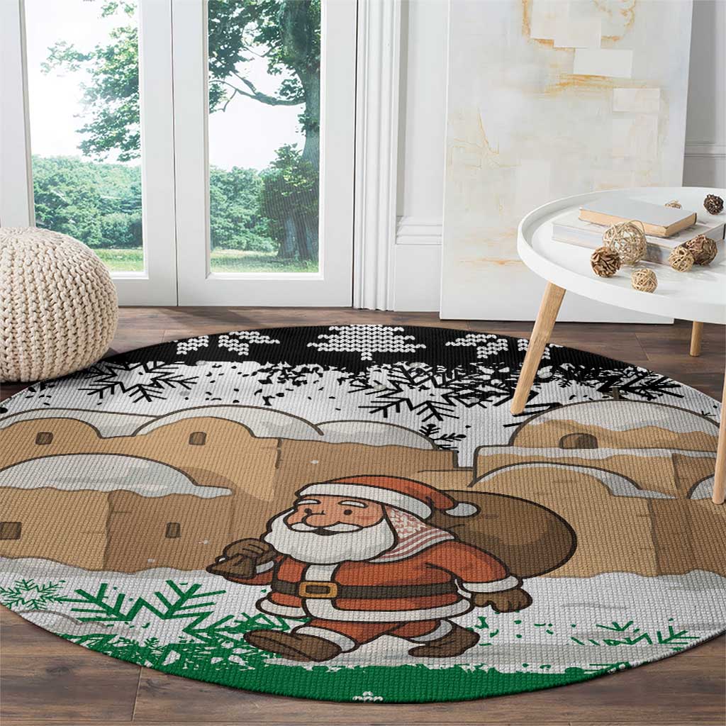Jordan Christmas Round Carpet with Santa Snow Village Green and Black Snowflake Tree Pattern - Wonder Print Shop
