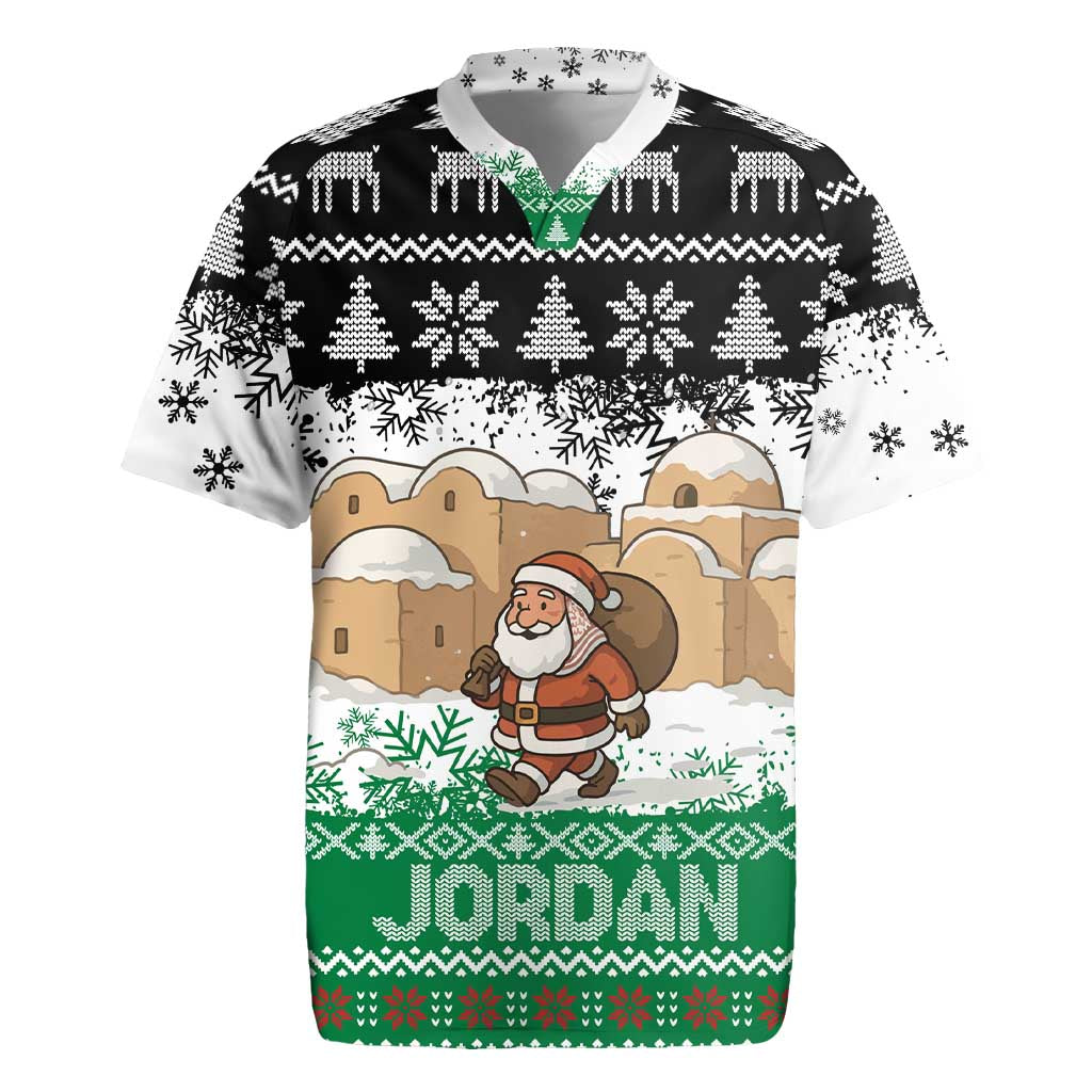Jordan Christmas Rugby Jersey with Santa Snow Village Green and Black Snowflake Tree Pattern - Wonder Print Shop