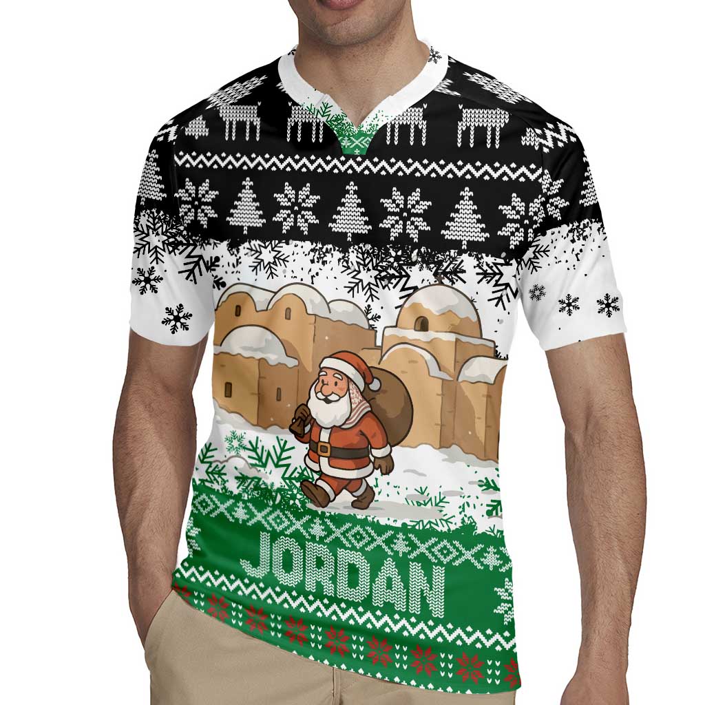 Jordan Christmas Rugby Jersey with Santa Snow Village Green and Black Snowflake Tree Pattern - Wonder Print Shop