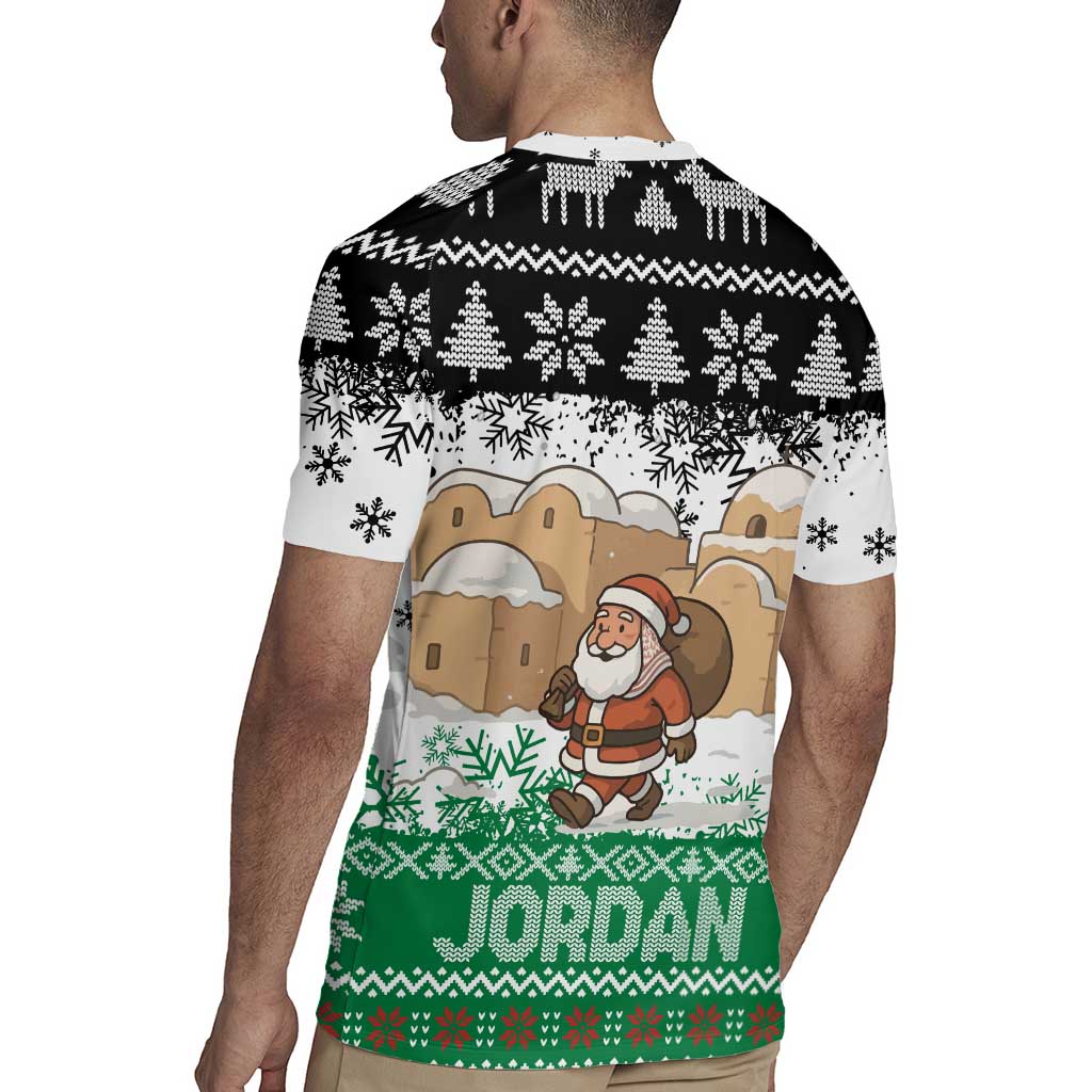Jordan Christmas Rugby Jersey with Santa Snow Village Green and Black Snowflake Tree Pattern - Wonder Print Shop