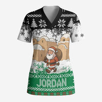 Jordan Christmas Scrub Top with Santa Snow Village Green and Black Snowflake Tree Pattern - Wonder Print Shop