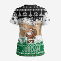 Jordan Christmas Scrub Top with Santa Snow Village Green and Black Snowflake Tree Pattern - Wonder Print Shop
