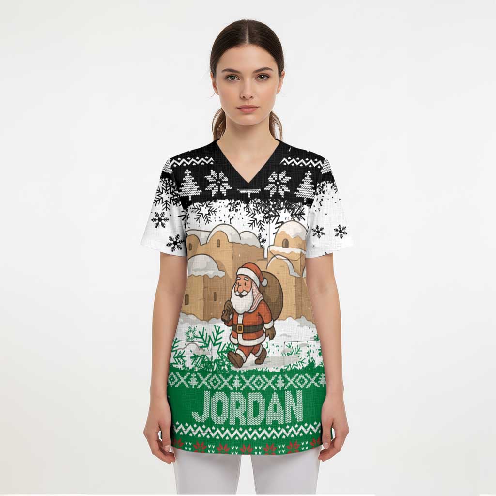 Jordan Christmas Scrub Top with Santa Snow Village Green and Black Snowflake Tree Pattern - Wonder Print Shop