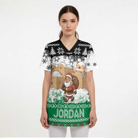 Jordan Christmas Scrub Top with Santa Snow Village Green and Black Snowflake Tree Pattern - Wonder Print Shop