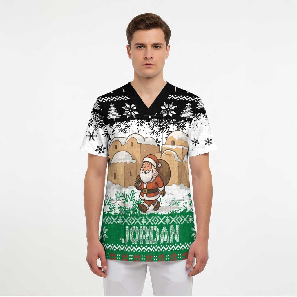Jordan Christmas Scrub Top with Santa Snow Village Green and Black Snowflake Tree Pattern - Wonder Print Shop
