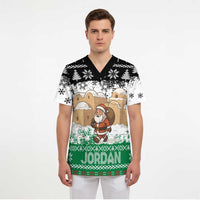 Jordan Christmas Scrub Top with Santa Snow Village Green and Black Snowflake Tree Pattern - Wonder Print Shop