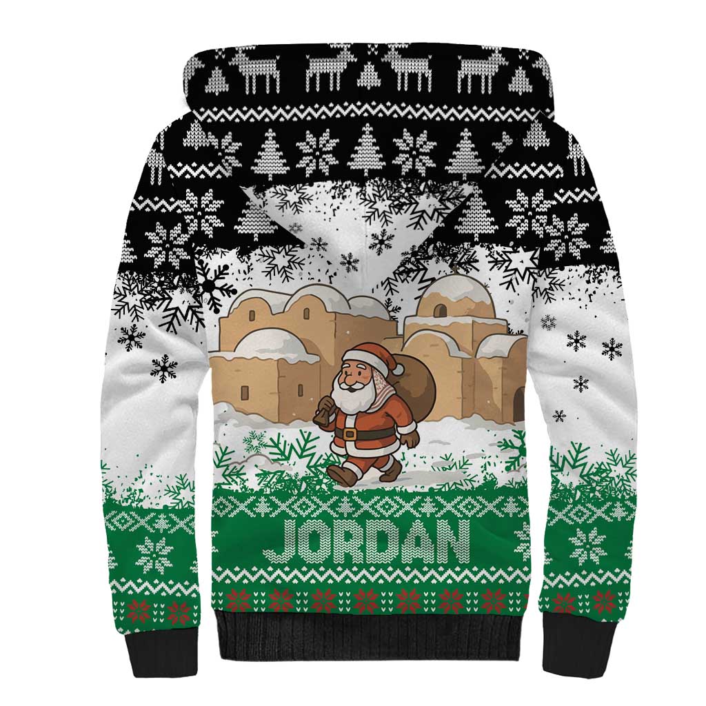 Jordan Christmas Sherpa Hoodie with Santa Snow Village Green and Black Snowflake Tree Pattern - Wonder Print Shop