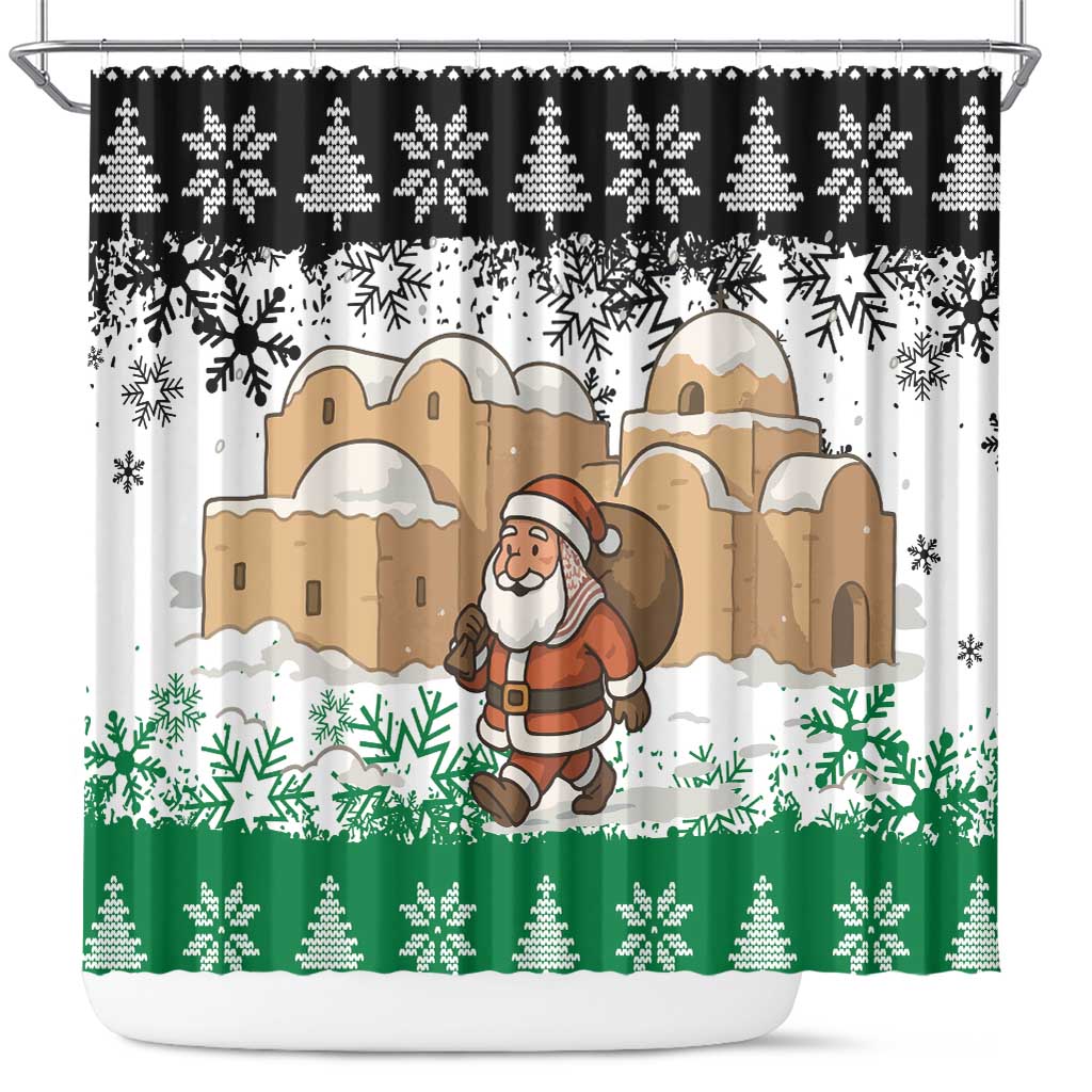 Jordan Christmas Shower Curtain with Santa Snow Village Green and Black Snowflake Tree Pattern - Wonder Print Shop