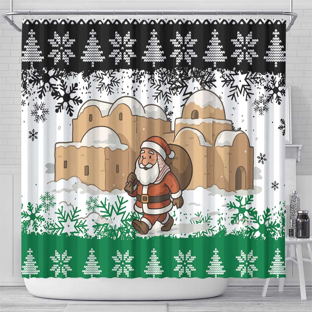 Jordan Christmas Shower Curtain with Santa Snow Village Green and Black Snowflake Tree Pattern - Wonder Print Shop