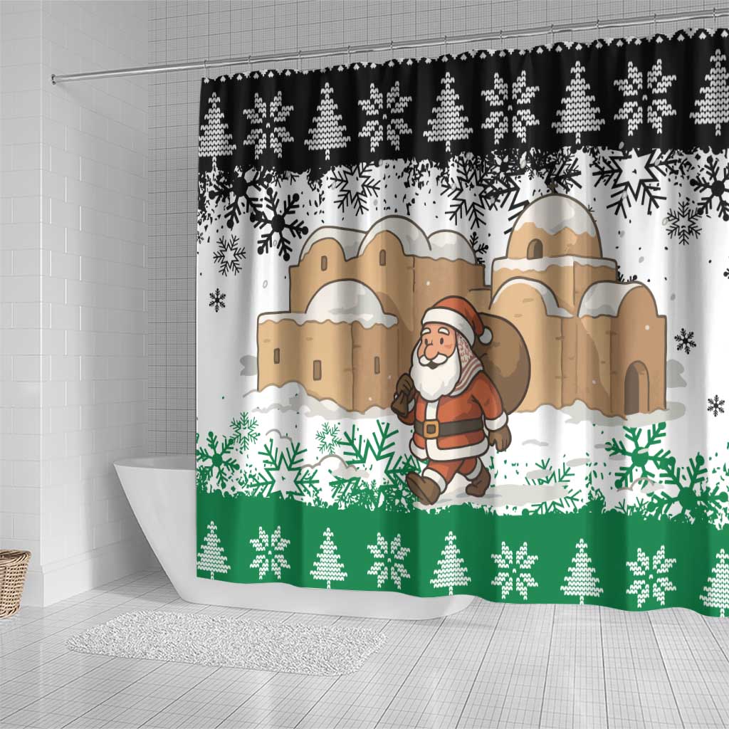 Jordan Christmas Shower Curtain with Santa Snow Village Green and Black Snowflake Tree Pattern - Wonder Print Shop