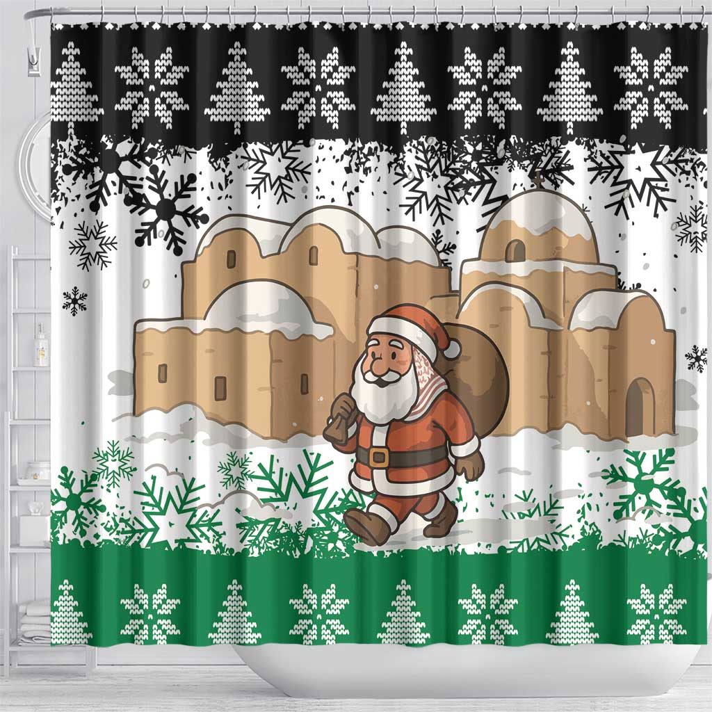 Jordan Christmas Shower Curtain with Santa Snow Village Green and Black Snowflake Tree Pattern - Wonder Print Shop