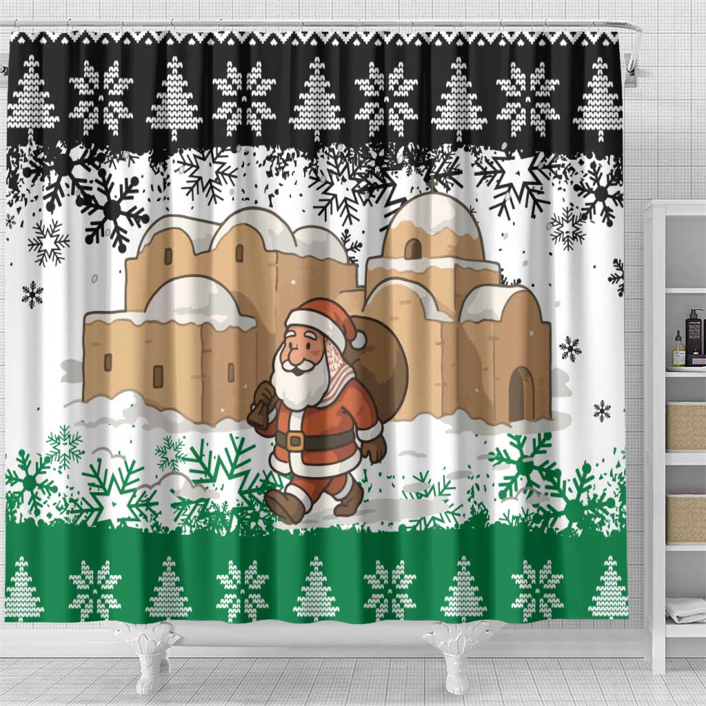 Jordan Christmas Shower Curtain with Santa Snow Village Green and Black Snowflake Tree Pattern - Wonder Print Shop