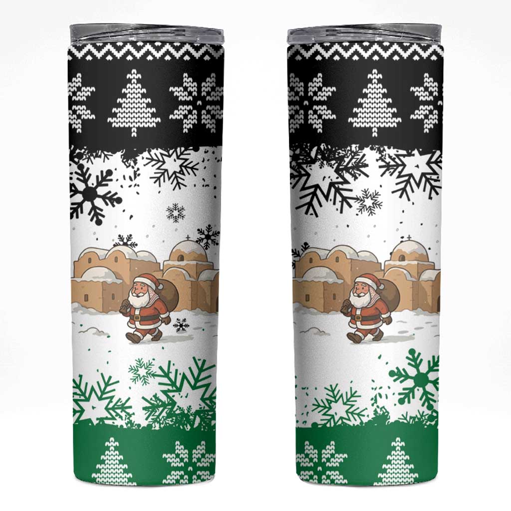 Jordan Christmas Skinny Tumbler with Santa Snow Village Green and Black Snowflake Tree Pattern - Wonder Print Shop