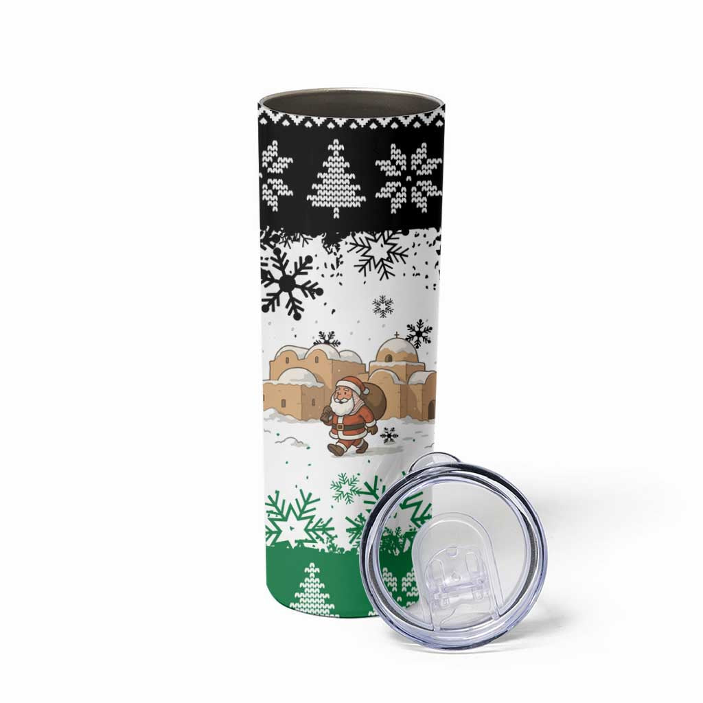 Jordan Christmas Skinny Tumbler with Santa Snow Village Green and Black Snowflake Tree Pattern - Wonder Print Shop