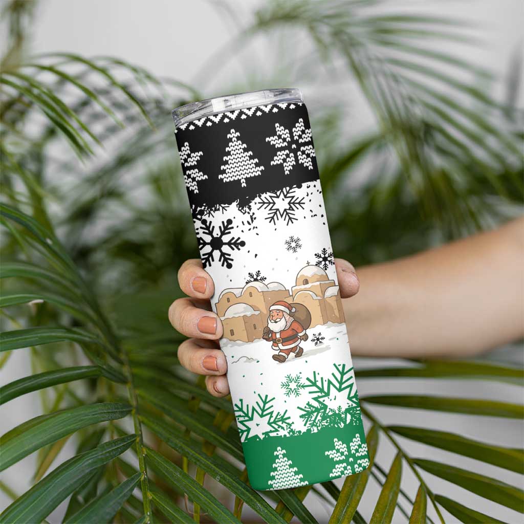Jordan Christmas Skinny Tumbler with Santa Snow Village Green and Black Snowflake Tree Pattern - Wonder Print Shop