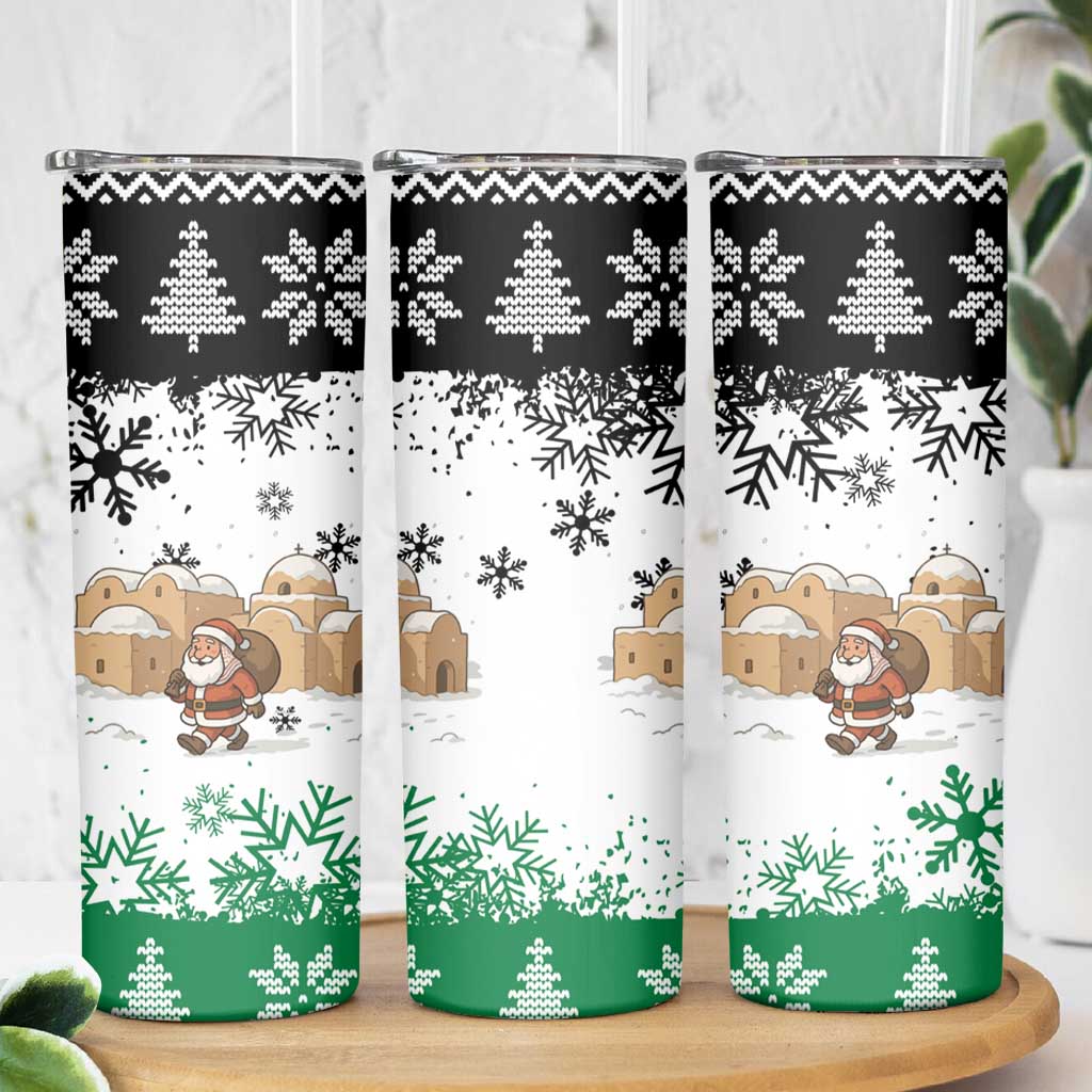 Jordan Christmas Skinny Tumbler with Santa Snow Village Green and Black Snowflake Tree Pattern - Wonder Print Shop
