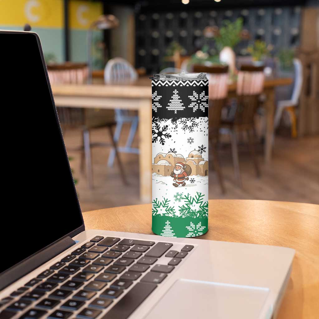 Jordan Christmas Skinny Tumbler with Santa Snow Village Green and Black Snowflake Tree Pattern - Wonder Print Shop