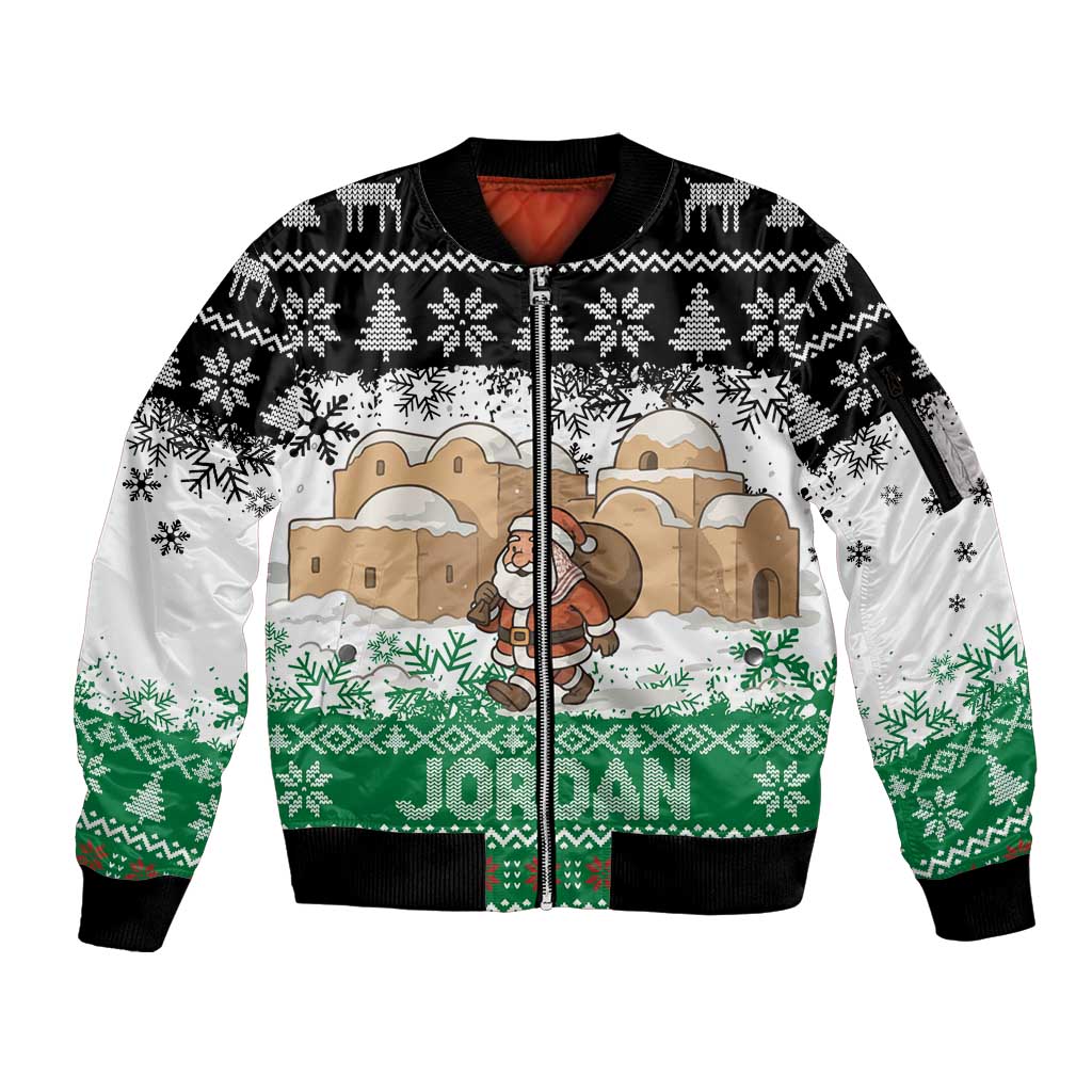 Jordan Christmas Sleeve Zip Bomber Jacket with Santa Snow Village Green and Black Snowflake Tree Pattern - Wonder Print Shop