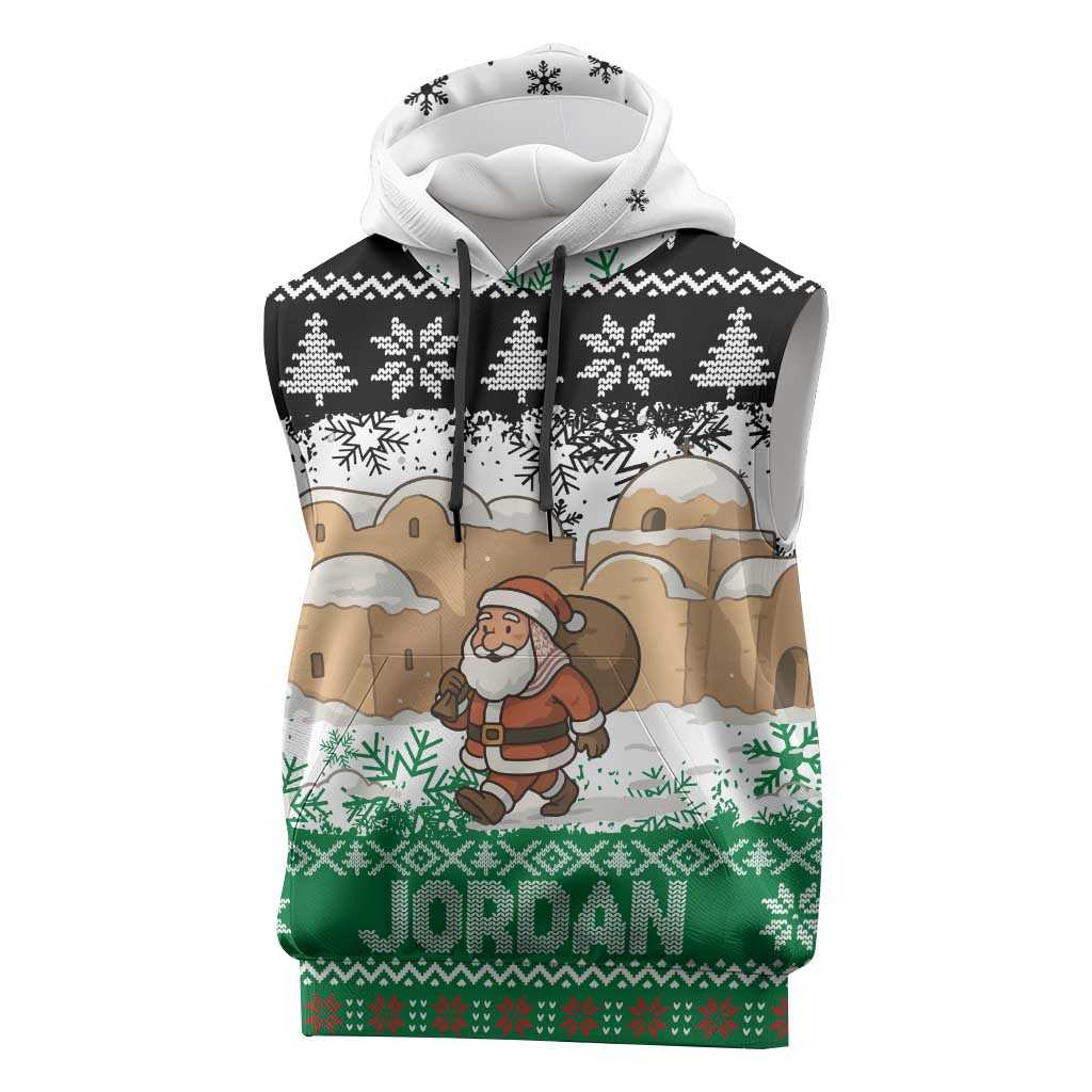 Jordan Christmas Sleeveless Hoodie with Santa Snow Village Green and Black Snowflake Tree Pattern - Wonder Print Shop