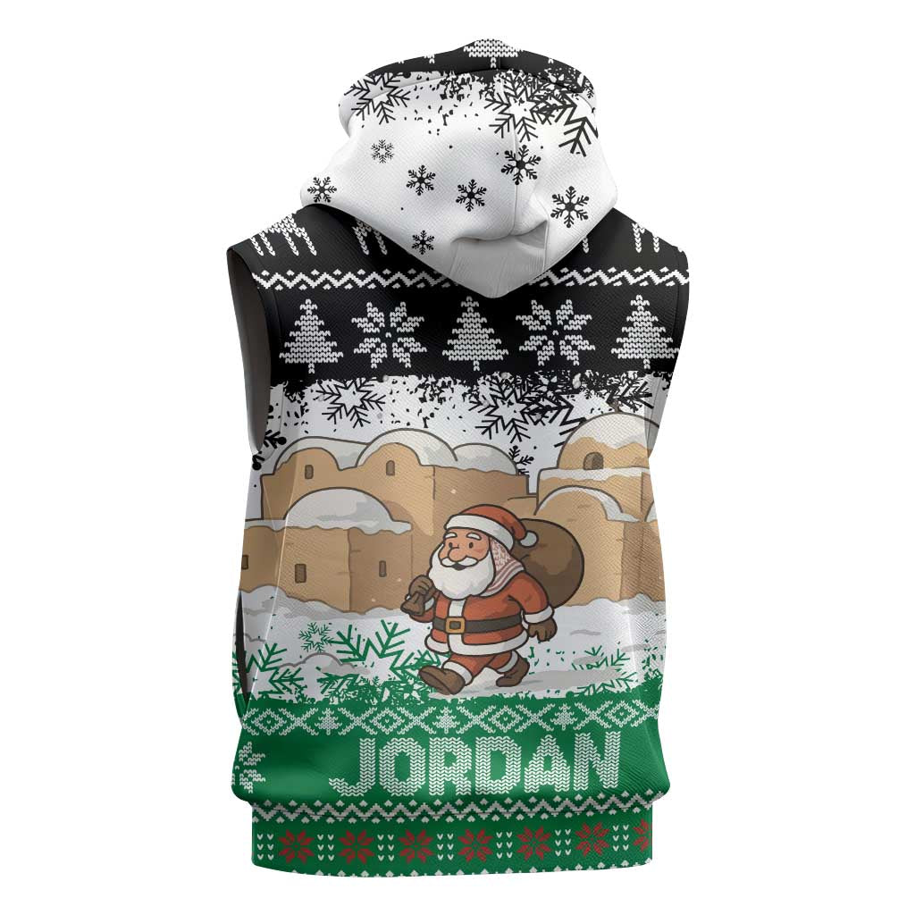 Jordan Christmas Sleeveless Hoodie with Santa Snow Village Green and Black Snowflake Tree Pattern - Wonder Print Shop