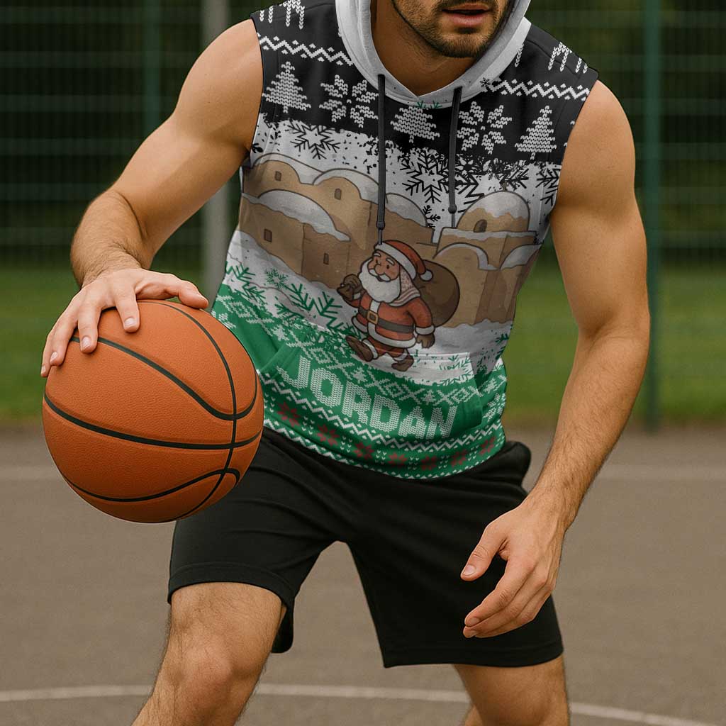 Jordan Christmas Sleeveless Hoodie with Santa Snow Village Green and Black Snowflake Tree Pattern - Wonder Print Shop