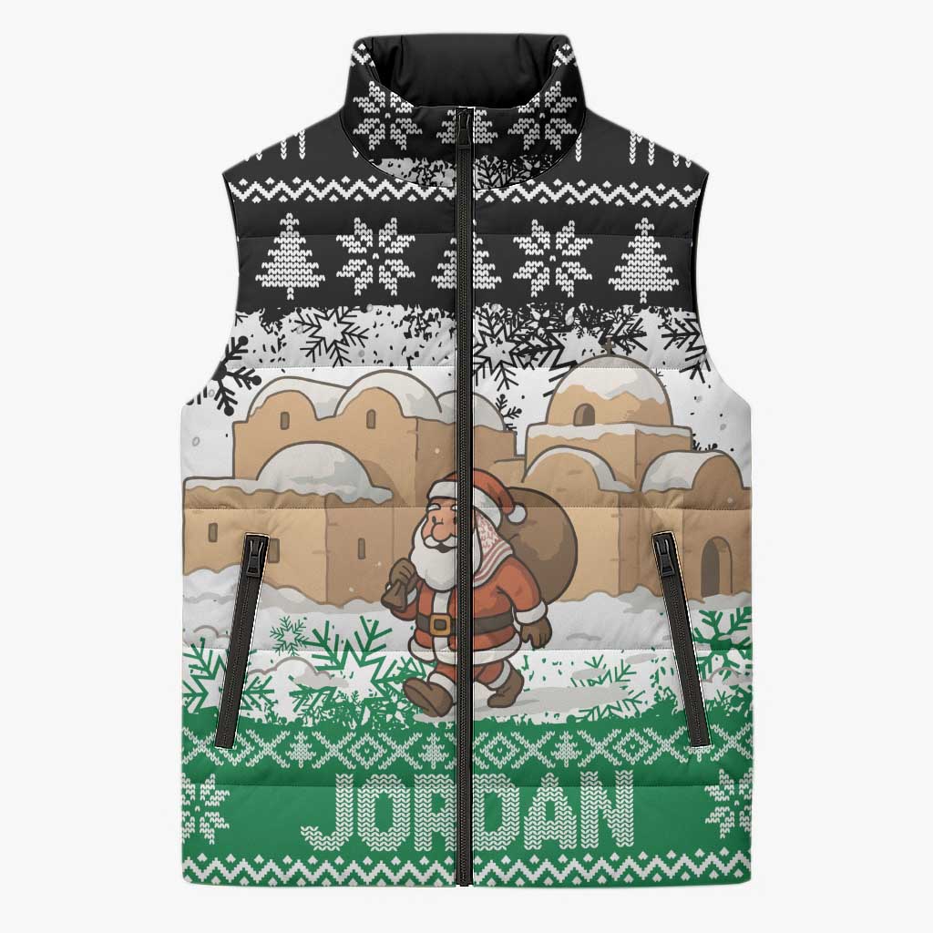 Jordan Christmas Sleeveless Puffer Jacket with Santa Snow Village Green and Black Snowflake Tree Pattern - Wonder Print Shop