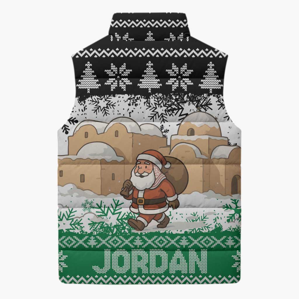 Jordan Christmas Sleeveless Puffer Jacket with Santa Snow Village Green and Black Snowflake Tree Pattern - Wonder Print Shop