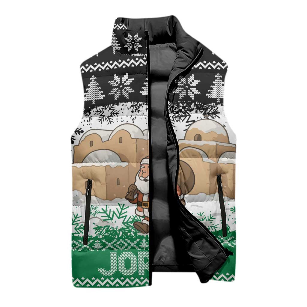 Jordan Christmas Sleeveless Puffer Jacket with Santa Snow Village Green and Black Snowflake Tree Pattern - Wonder Print Shop