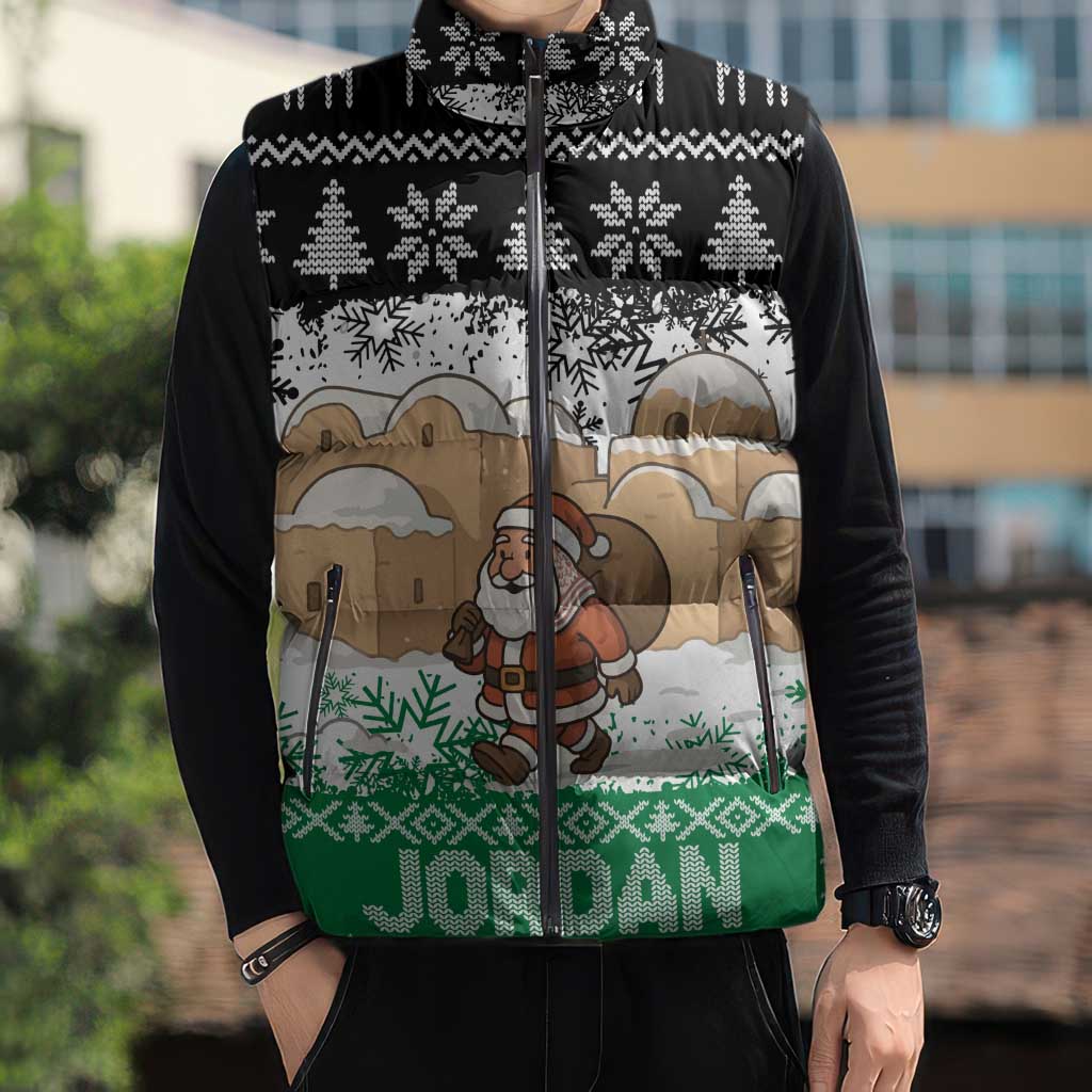 Jordan Christmas Sleeveless Puffer Jacket with Santa Snow Village Green and Black Snowflake Tree Pattern - Wonder Print Shop