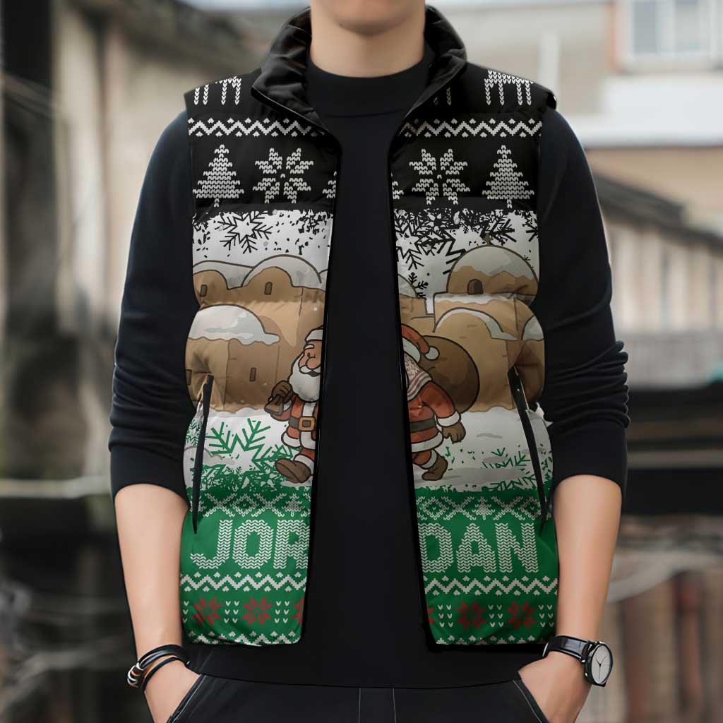 Jordan Christmas Sleeveless Puffer Jacket with Santa Snow Village Green and Black Snowflake Tree Pattern - Wonder Print Shop
