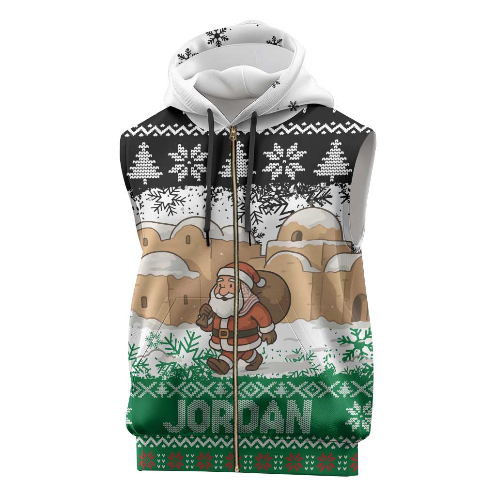 Jordan Christmas Sleeveless Zip Hoodie with Santa Snow Village Green and Black Snowflake Tree Pattern - Wonder Print Shop