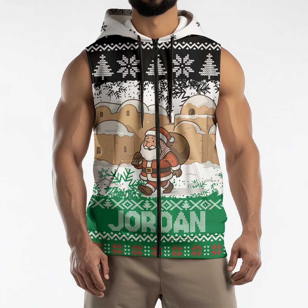 Jordan Christmas Sleeveless Zip Hoodie with Santa Snow Village Green and Black Snowflake Tree Pattern - Wonder Print Shop