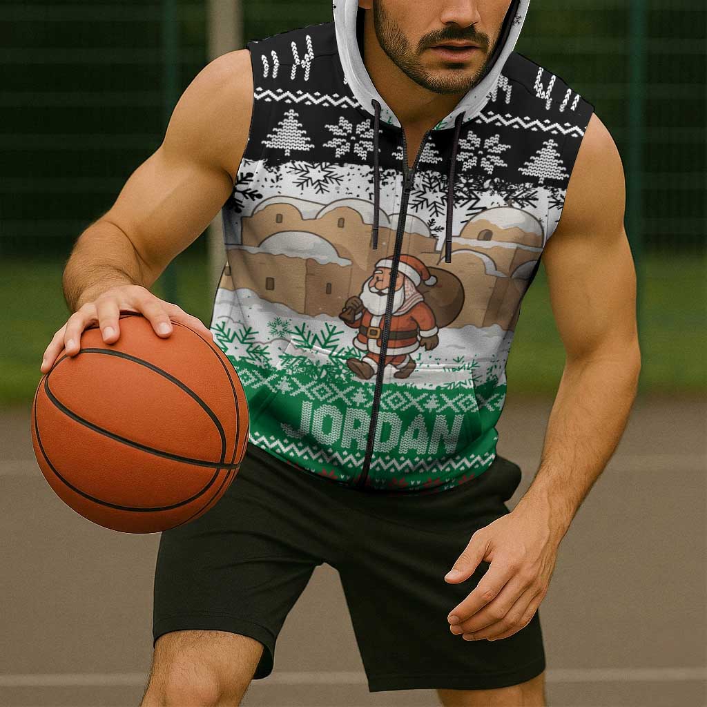 Jordan Christmas Sleeveless Zip Hoodie with Santa Snow Village Green and Black Snowflake Tree Pattern - Wonder Print Shop