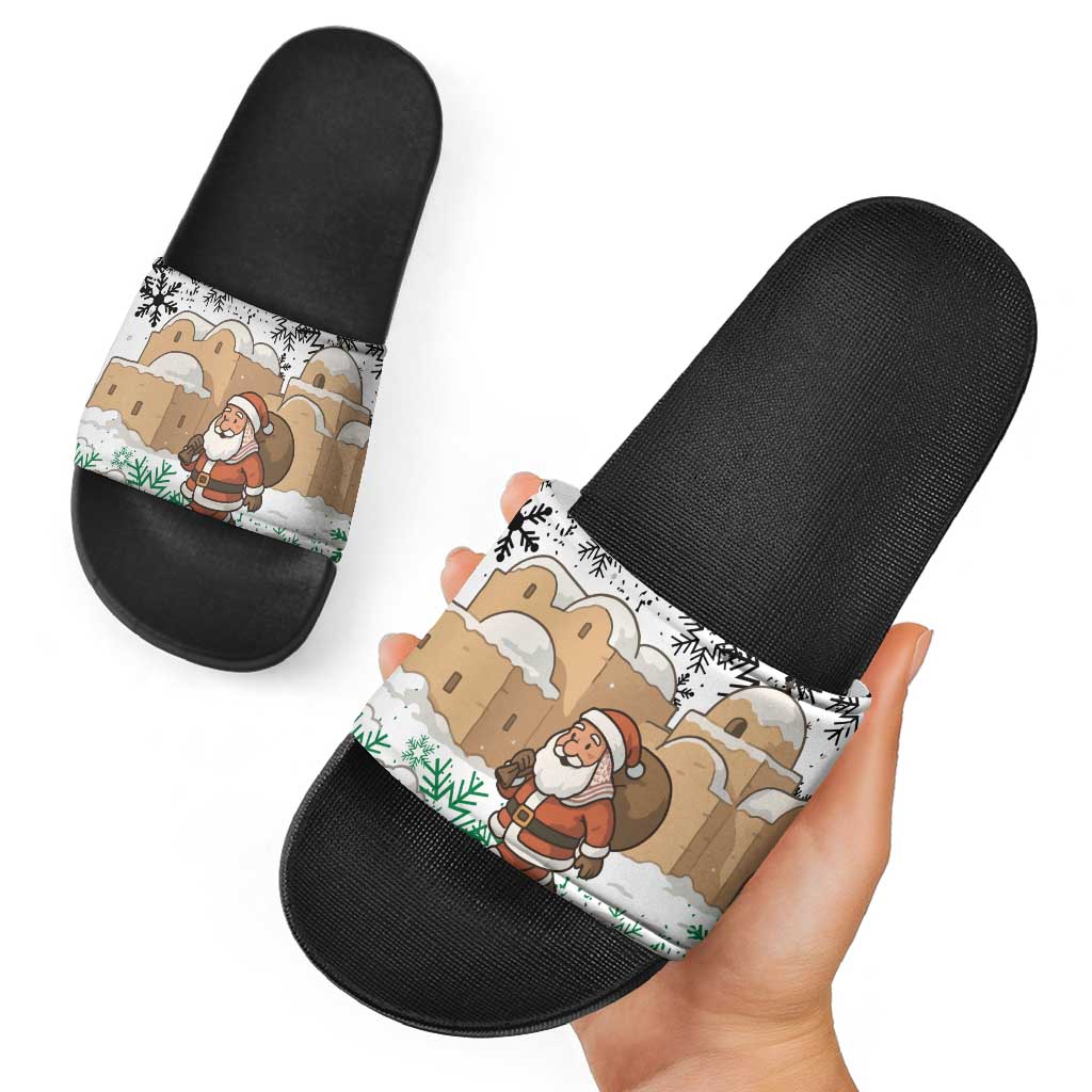 Jordan Christmas Slide Sandals with Santa Snow Village Green and Black Snowflake Tree Pattern - Wonder Print Shop
