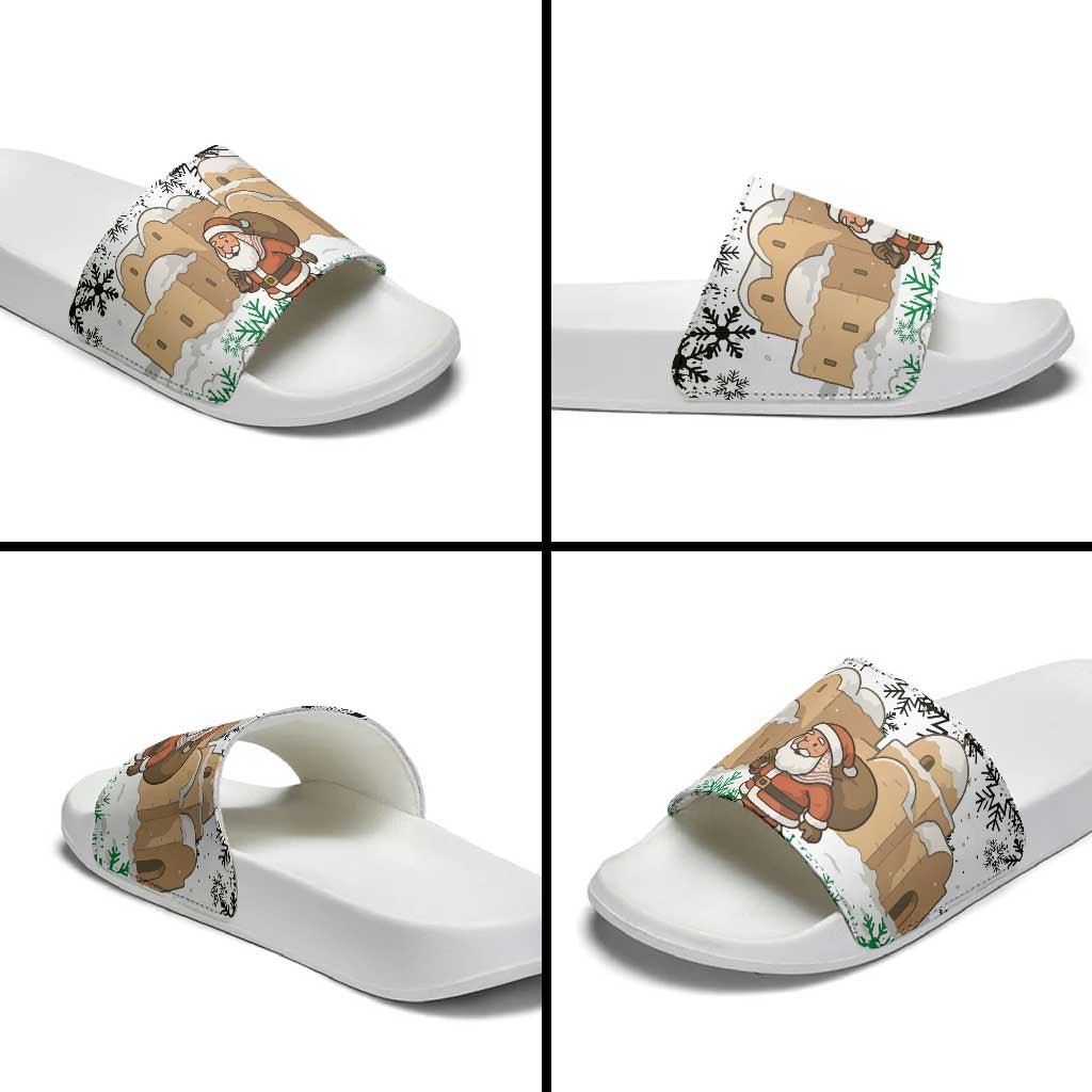 Jordan Christmas Slide Sandals with Santa Snow Village Green and Black Snowflake Tree Pattern - Wonder Print Shop