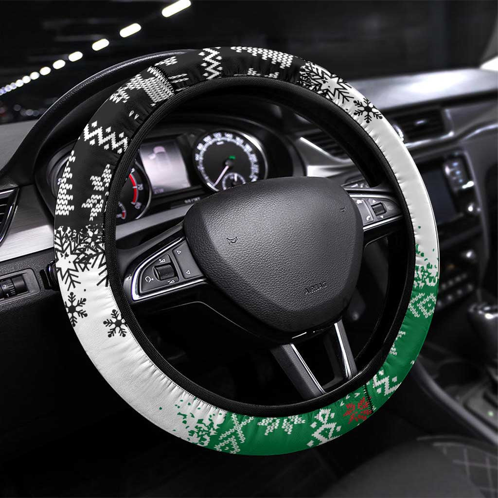 Jordan Christmas Steering Wheel Cover with Santa Snow Village Green and Black Snowflake Tree Pattern - Wonder Print Shop