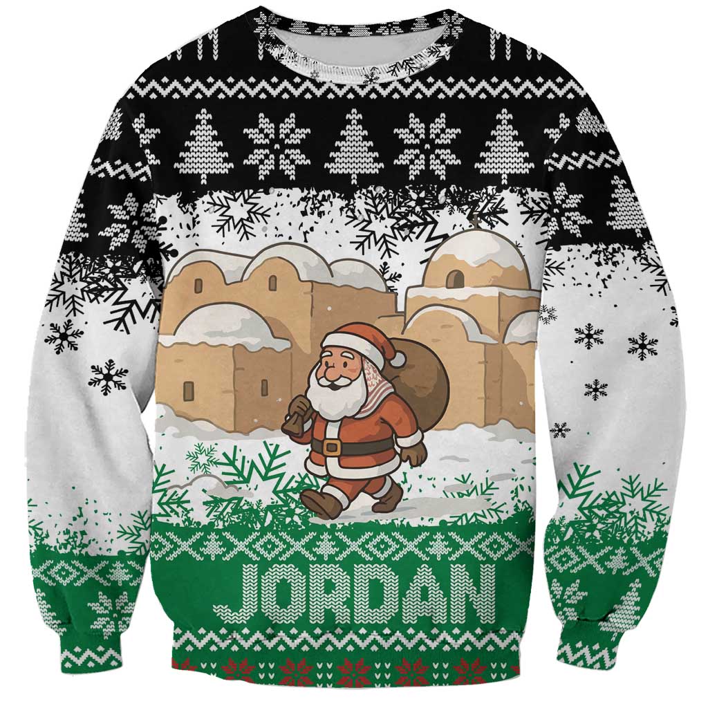 Jordan Christmas Sweatshirt with Santa Snow Village Green and Black Snowflake Tree Pattern - Wonder Print Shop