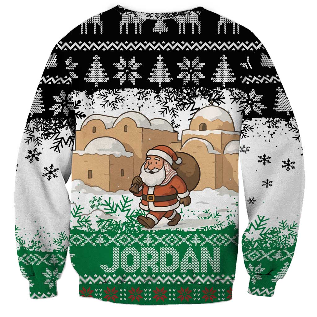 Jordan Christmas Sweatshirt with Santa Snow Village Green and Black Snowflake Tree Pattern - Wonder Print Shop