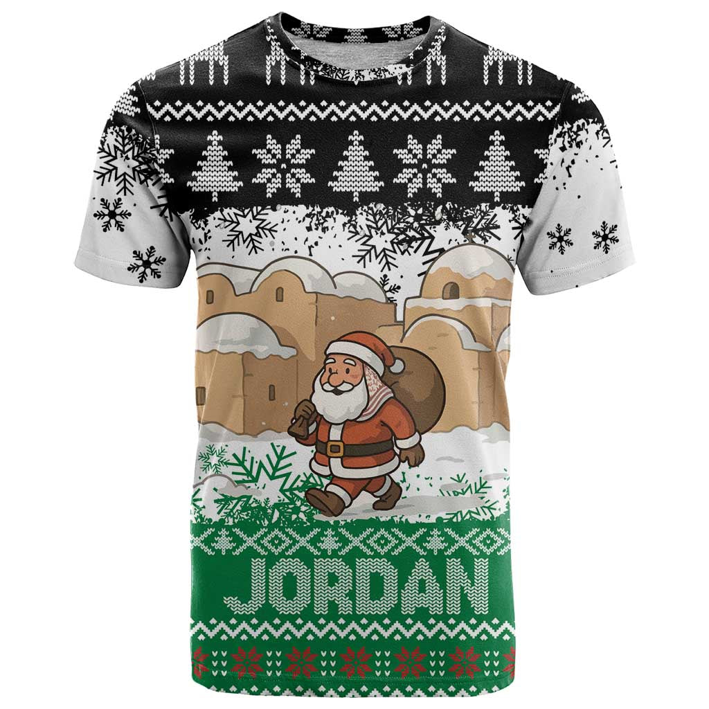 Jordan Christmas T Shirt with Santa Snow Village Green and Black Snowflake Tree Pattern - Wonder Print Shop