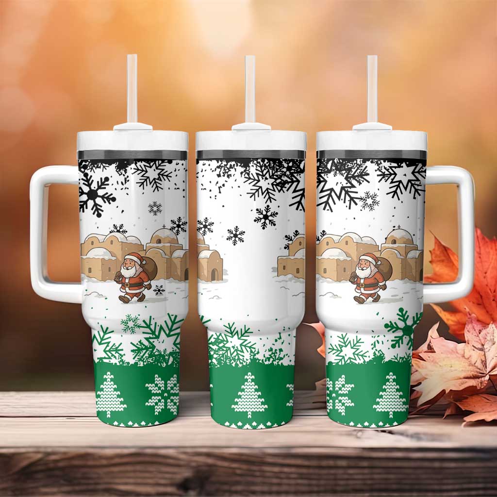 Jordan Christmas Tumbler With Handle with Santa Snow Village Green and Black Snowflake Tree Pattern - Wonder Print Shop