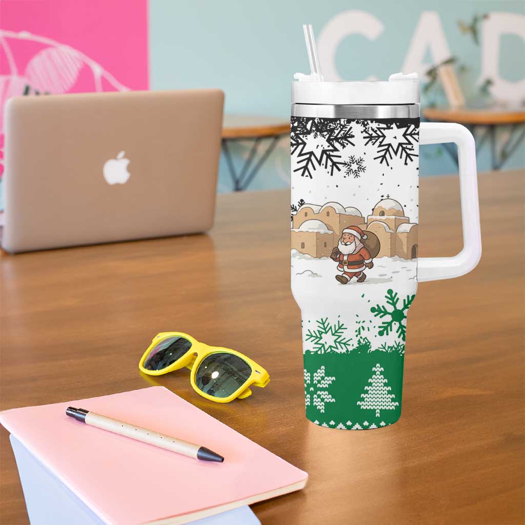 Jordan Christmas Tumbler With Handle with Santa Snow Village Green and Black Snowflake Tree Pattern - Wonder Print Shop