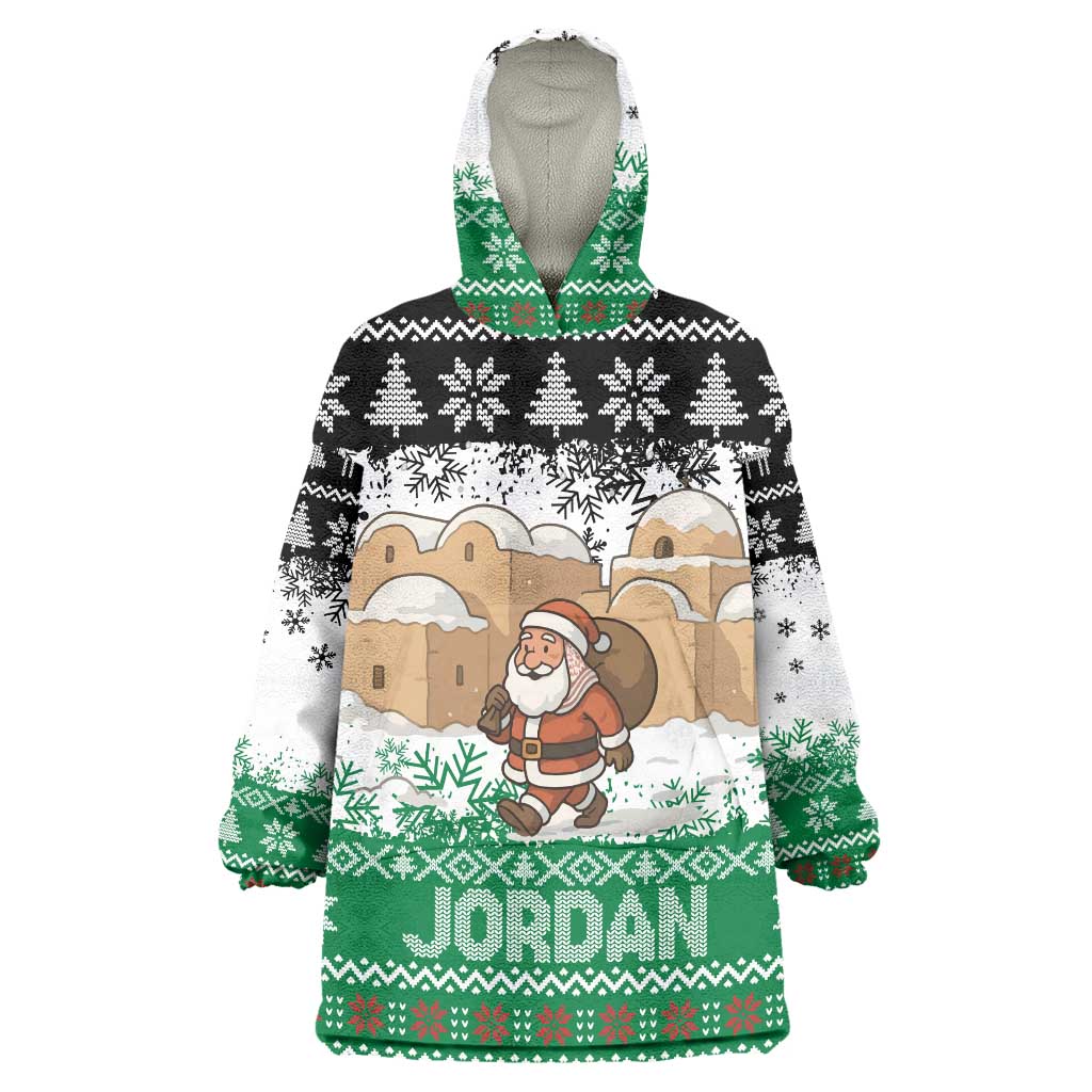 Jordan Christmas Wearable Blanket Hoodie with Santa Snow Village Green and Black Snowflake Tree Pattern - Wonder Print Shop