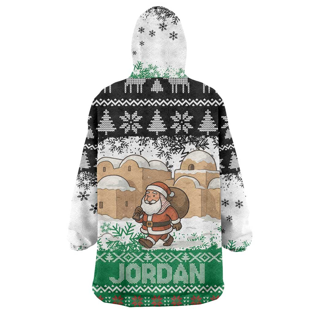 Jordan Christmas Wearable Blanket Hoodie with Santa Snow Village Green and Black Snowflake Tree Pattern - Wonder Print Shop