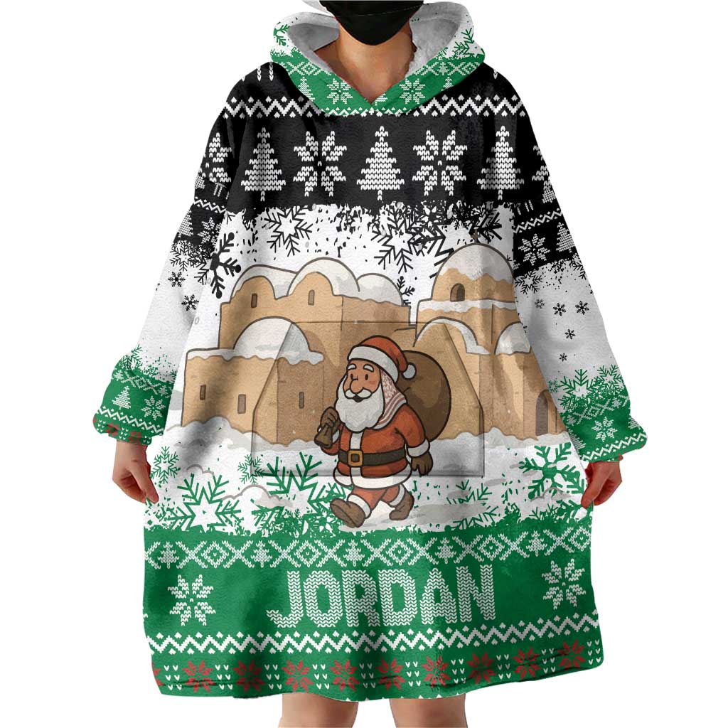 Jordan Christmas Wearable Blanket Hoodie with Santa Snow Village Green and Black Snowflake Tree Pattern - Wonder Print Shop
