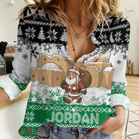 Jordan Christmas Women Casual Shirt with Santa Snow Village Green and Black Snowflake Tree Pattern - Wonder Print Shop