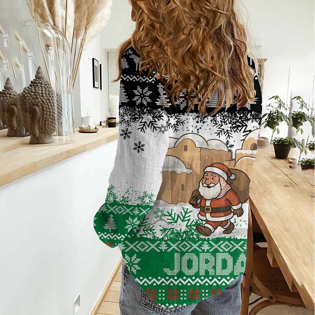 Jordan Christmas Women Casual Shirt with Santa Snow Village Green and Black Snowflake Tree Pattern - Wonder Print Shop
