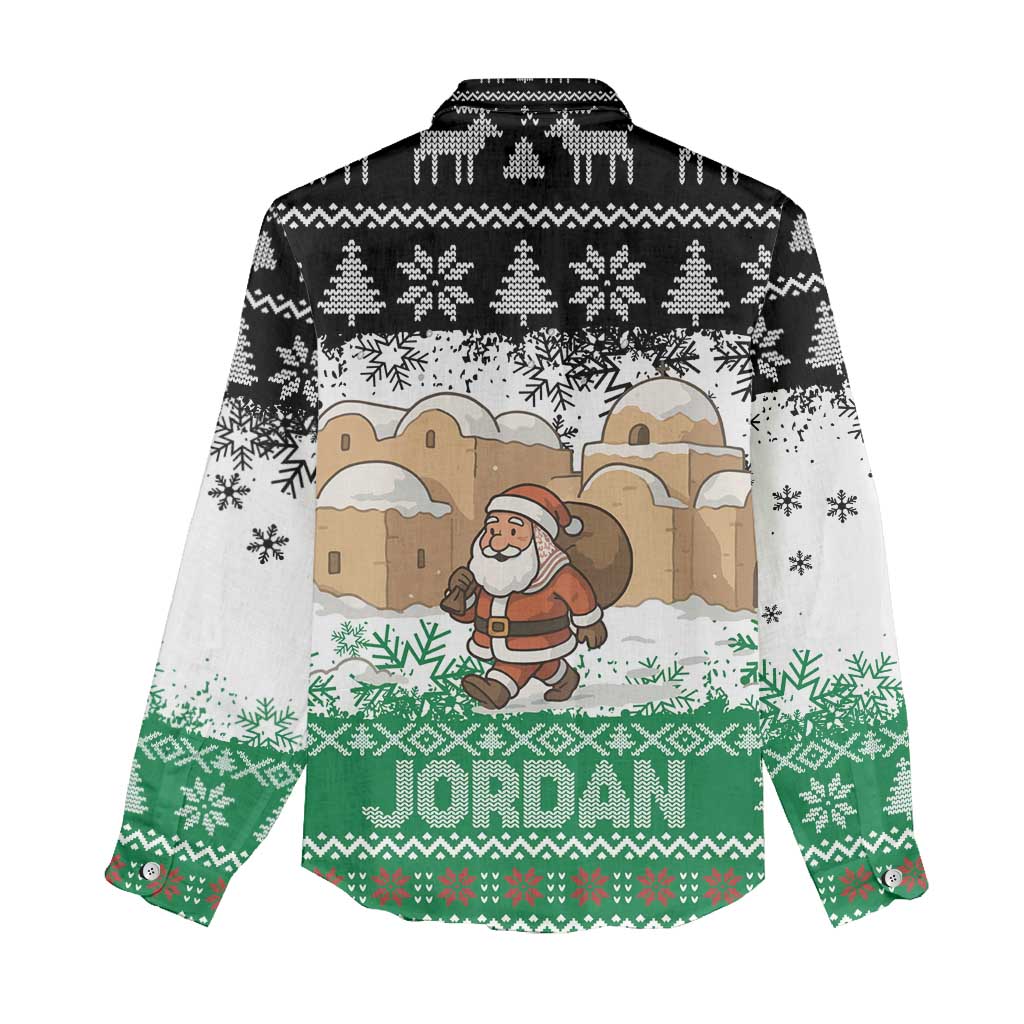 Jordan Christmas Women Casual Shirt with Santa Snow Village Green and Black Snowflake Tree Pattern - Wonder Print Shop