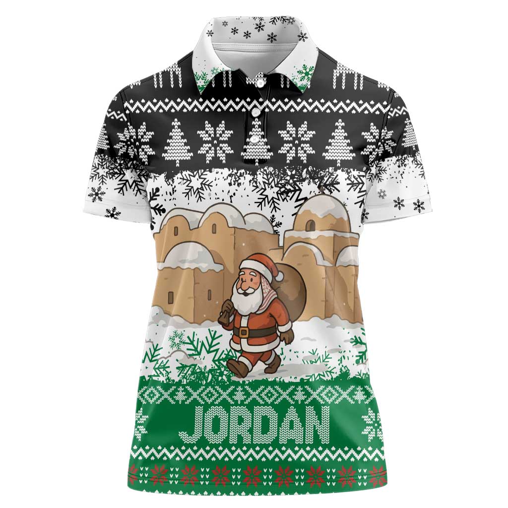 Jordan Christmas Women Polo Shirt with Santa Snow Village Green and Black Snowflake Tree Pattern - Wonder Print Shop