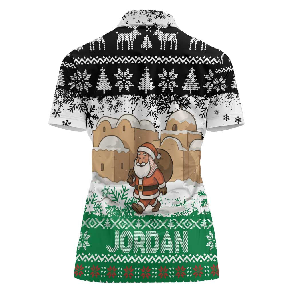 Jordan Christmas Women Polo Shirt with Santa Snow Village Green and Black Snowflake Tree Pattern - Wonder Print Shop